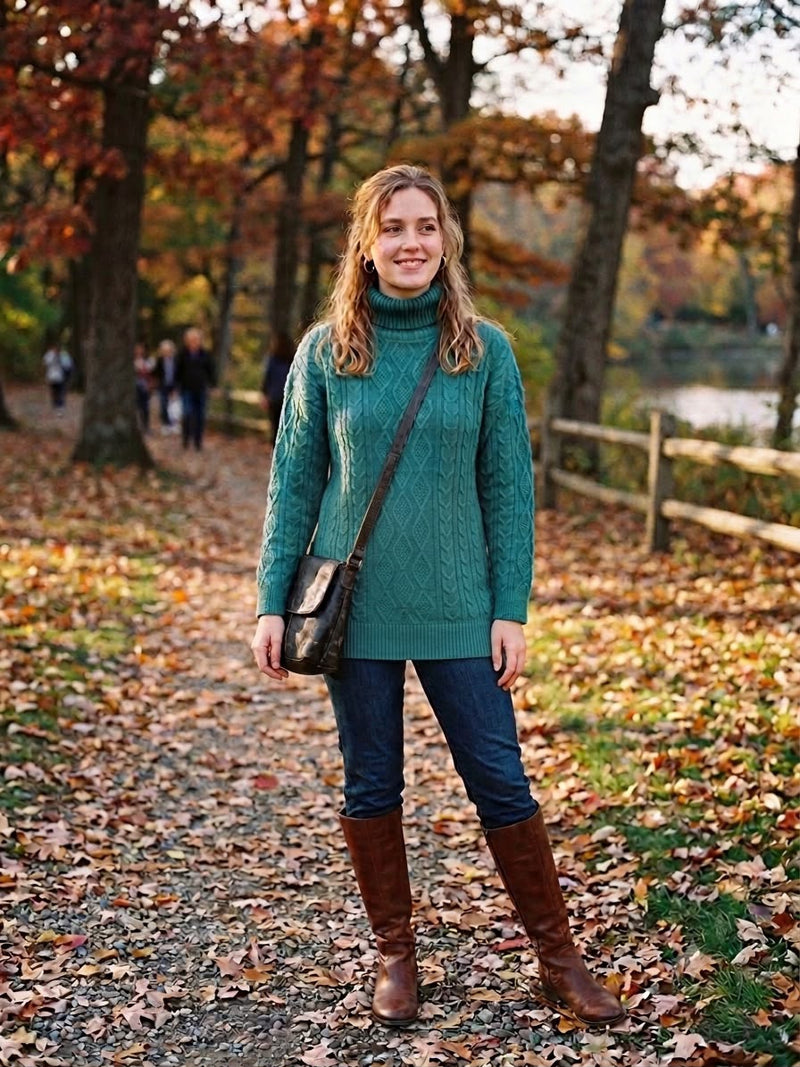 Sweater Mali verde jade trenzado con cuello alto, largo tipo túnica