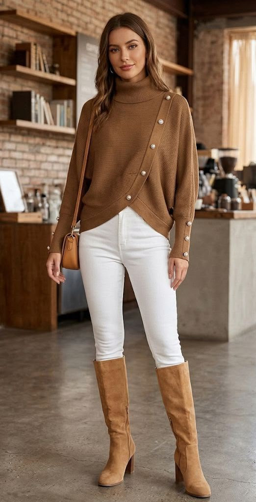 Sweater Amelia camel de cuello alto, tejido acanalado con botones y ruedo cruzado