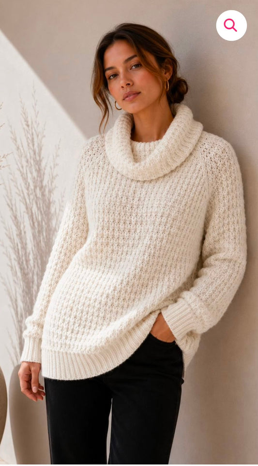 Sweater blanco crema de tejido grueso con cuello alto amplio